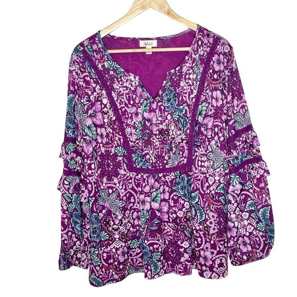Style & Co Floral Ruffled Peasant Top Pink Womens Size 2X Boho Colorful Mesh - Picture 1 of 8